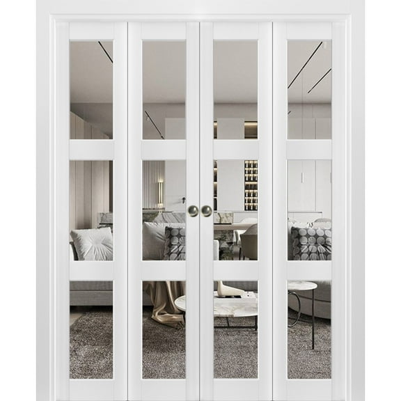 Sliding Closet Double Bi-fold Doors | Lucia 2555 White Silk with Clear Glass