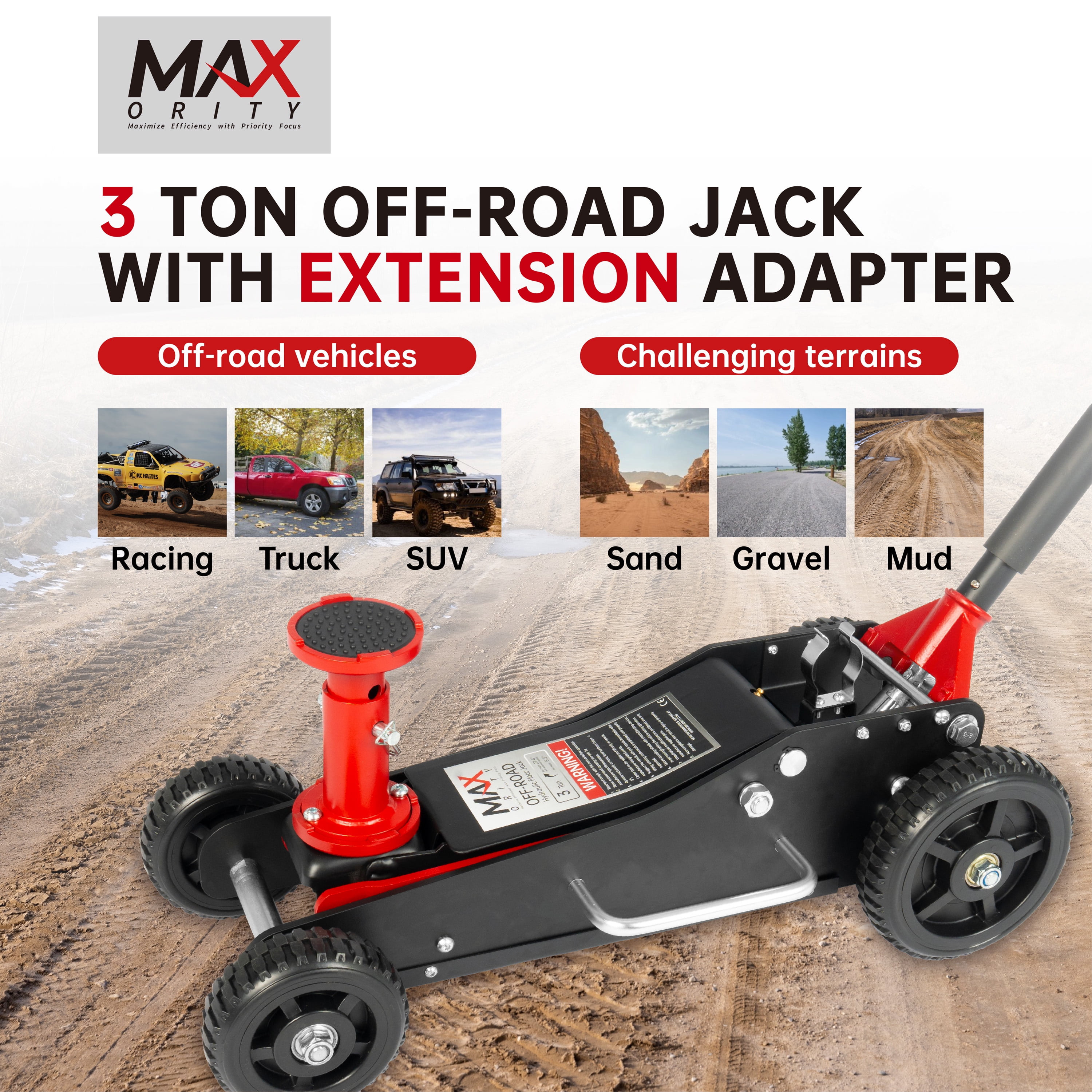 3 Ton (6600 lbs.) Big Wheel Dual Pistons Heavy-Duty Steel Construction Off-Road Jack, Hydraulic Car Jack with Extra Saddle