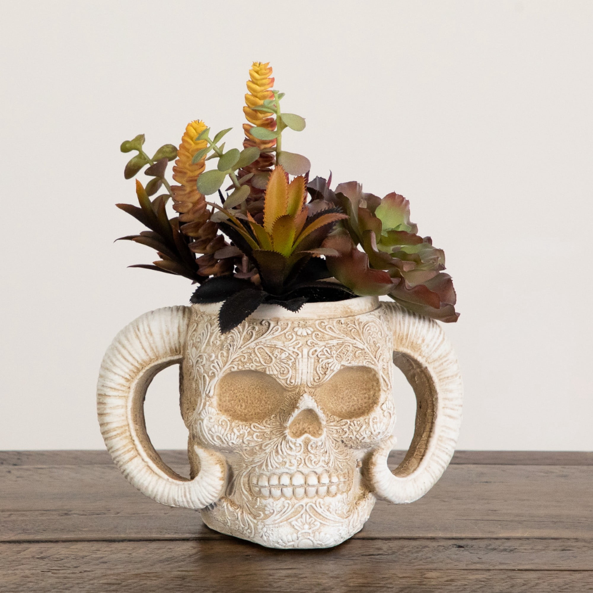 9.5in. Artificial Halloween Succulent Garden in Horned Skull Planter