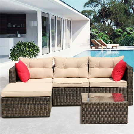 Rattan Wicker Patio Furniture 5 Piece Patio Furniture Sofa Sets with Rattan Wicker Chair Ottoman Glass Coffee Table All-Weather Patio Conversation Set with Cushions for Backyard Garden Pool L4954