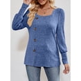 thumbnail image 2 of KelaJuan Women Fashion Ribbed T-Shirts Solid Color Square Neck Buttons Puff Long Sleeve Shirts Spring Fall Casual Loose Fit Tops, 2 of 6