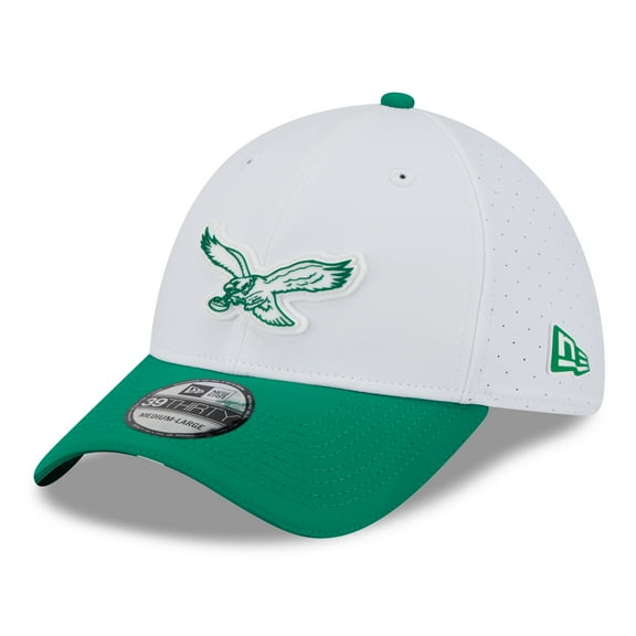 Men's New Era  White/Kelly Green Philadelphia Eagles 2025 NFL Training Camp Throwback Logo 39THIRTY Flex Hat