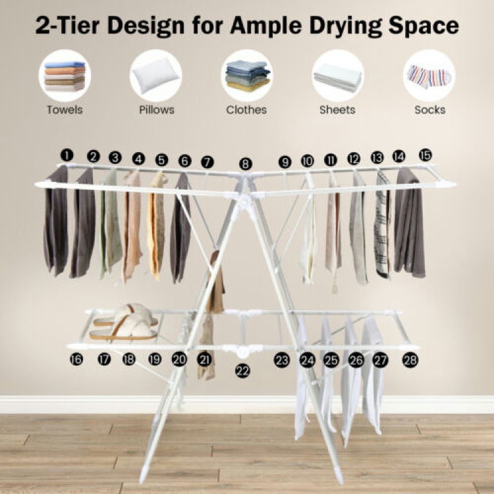 Finihen Drying Rack, Clothes Drying Rack, 2-Level Foldable Clothes Drying Rack with Height-Adjustable Gullwings, for Indoor, Outdoor, White Finihen Drying Rack, Clothes Drying Rack, 2-Level Foldable Clothes Drying Rack with Height-Adjustable Gullwings, for Indoor, Outdoor, White