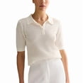 thumbnail image 3 of Women Hollow Knitted -Shirt Casual Short Sleeve Loose Lapel Solid Color Top White M, 3 of 9