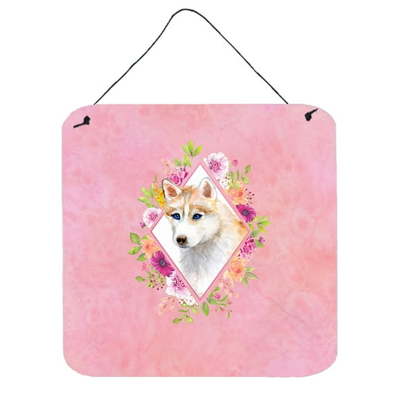 Carolines Treasures CK4148DS66 Red Siberian Husky Pink Flowers Wall or Door Hanging Prints 6x6 multicolor