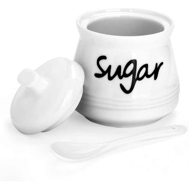 Swetwiny Porcelain Sugar Bowl with Lid and Spoon, 12 Ounces Ceramic Sugar Storage Jar Sugar Dispenser, White Seasoning Container for Home and Kitchen (Sugar)