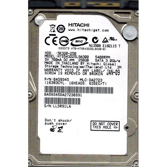 Hitachi HTS543225L9A300 P/N: 0A59345 MLC: DA2723 250GB