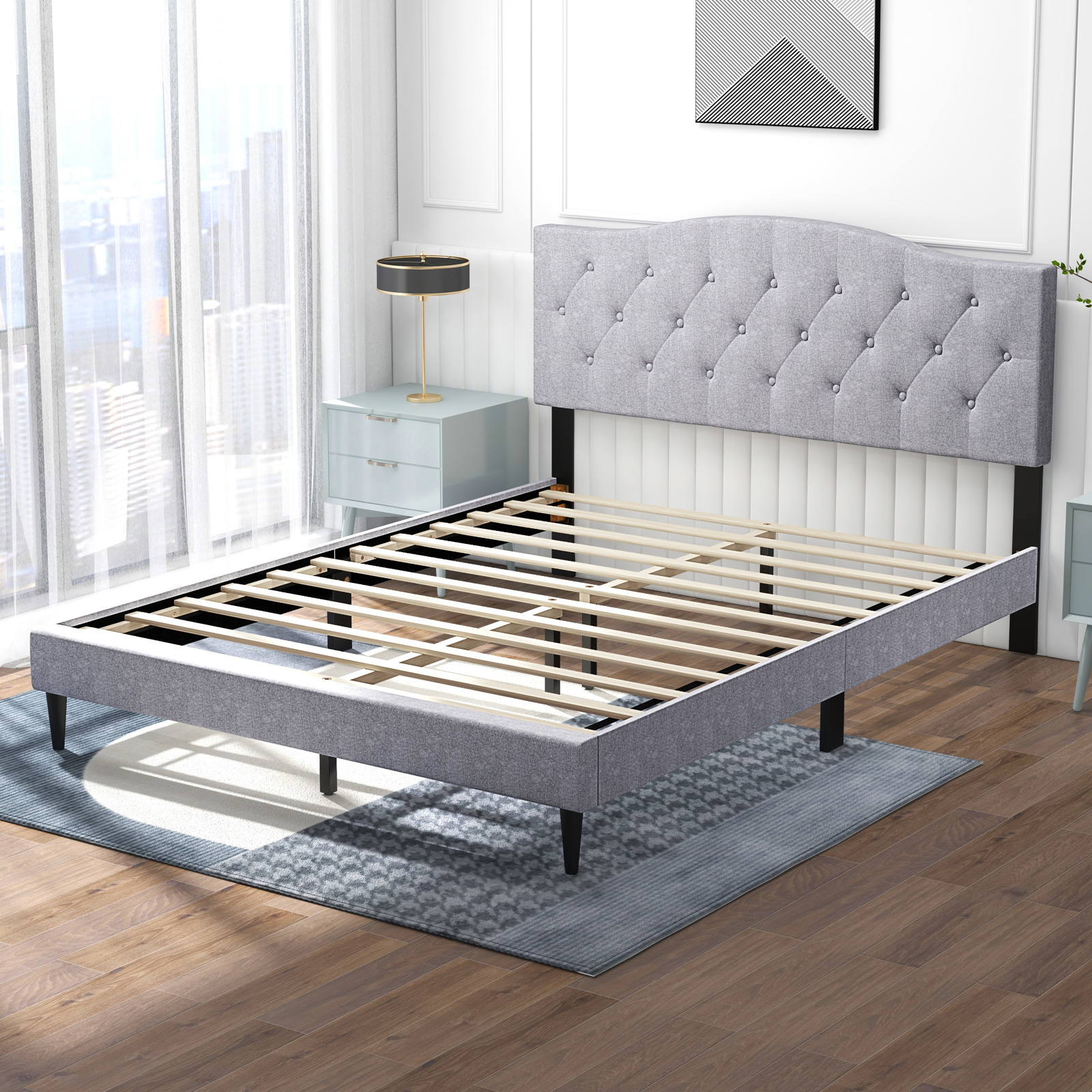Infans Queen Size Upholstered Platform Bed Linen Bed Frame w/ Button Tufted Headboard