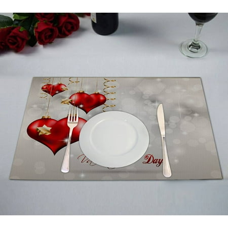 

ECZJNT valentine s day glitter glossy red hearts flying air Placemat Table Mat Cup Mat 12x18 inch Set of 2