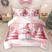 Manfei Cute Xmas Snowman 7pcs Bedding Comforter Set,Dreamy Christmas Tree Queen Bedding Sets,Pink White Queen Sheet Sets For Girl Kids,Microfiber Bedroom Decor Reversible