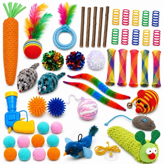QOPR 48 Pcs Cat Toy Variety Pack, Interactive Kitten Toys and Cat Toys for Indoor Cats with Feather Mice, Crinkle Balls, Springs & Bells