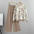 thumbnail image 4 of Womens 2 Piece Outfits Knit Sweater Sets Oversized Button Down Cardigan Wide Leg Pants Loungwear Print Tops Lounge Suits (Khaki 2XL ), 4 of 6