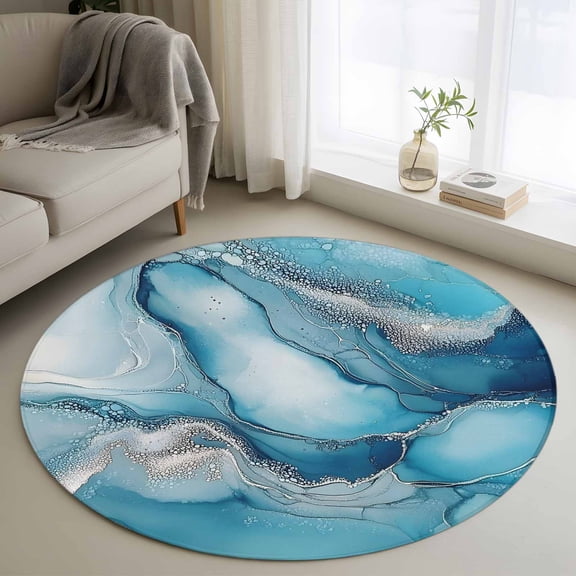 Marble Blue Teal Round Rug 3.3ft Washable Circle Entryway Rugs Non Slip Watercolor Modern Abstract Art Area Rug Indoor Floor Carpet for Bedroom Kitchen Living Room Home Office Dining Room Nursery
