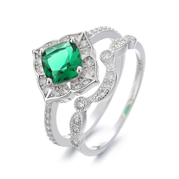 14K White Gold Plated Two Piece Emerald Stacking Ring Set