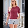 thumbnail image 4 of Cárdigan de Verano de Corta para Mujer, Tejido de Cable, Cuello Redondo, Botones, Tops, Rojo Vino, Talla M, 4 of 10