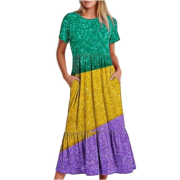 Summer Beach Dress for Women 2024 Plus Size Fashion Mardi Gras Printed Carnival Short Sleeve Crewneck Dress Casual Flowy Tiered Maxi Beach Dress With Pockets 50% off Clearance!