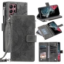 Feishell Zipper Wallet Case for Samsung Galaxy S22 Ultra 5G,for Women Men,Stylish Embossed Pattern PU Leather Multi Card Slots Magnetic Clasp Flip Stand Crossbody Phone Case with Shoulder Strap,Gray