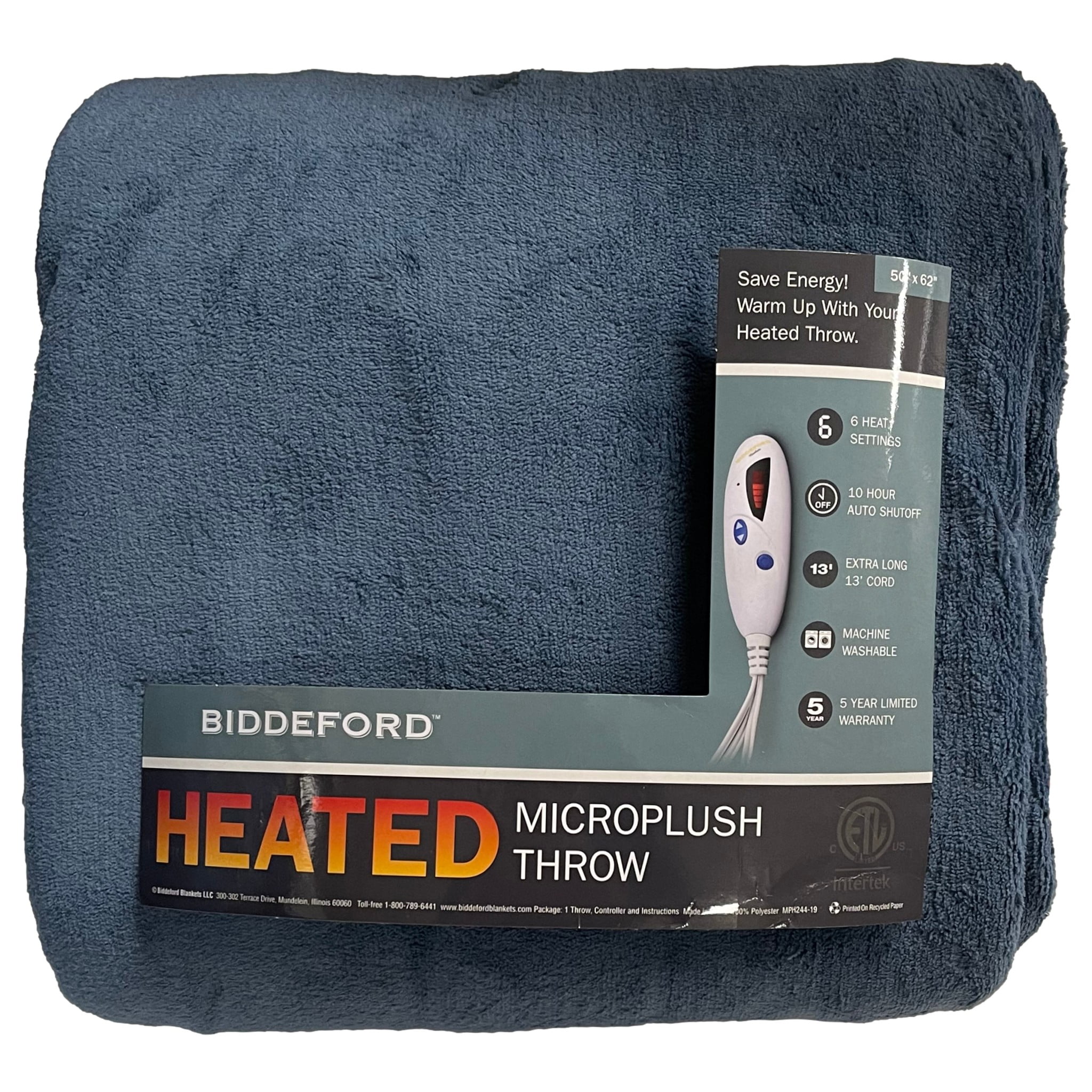 Biddeford Heated Electric Blue Microplush Throw Blanket, 62 x 50 Warming  - Walmart.com