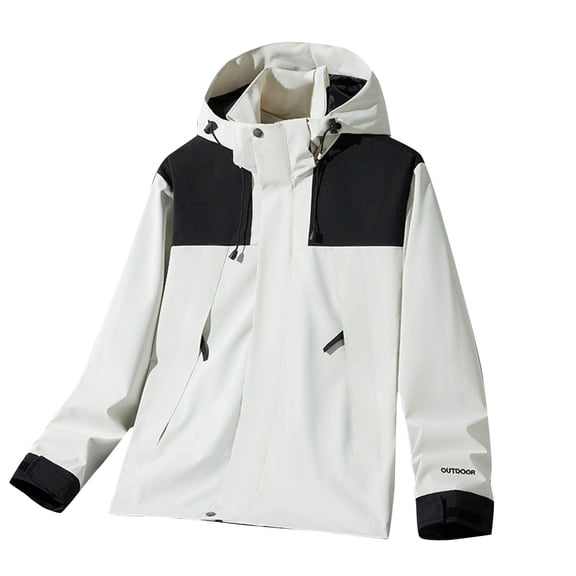 Lyrcatrment Waterproof Rain Jackets Womens Zip up Hooded Stand Collar Rain Coats Color Block Loose Windbreaker Coat Fashion Outwear(X-Large,White)