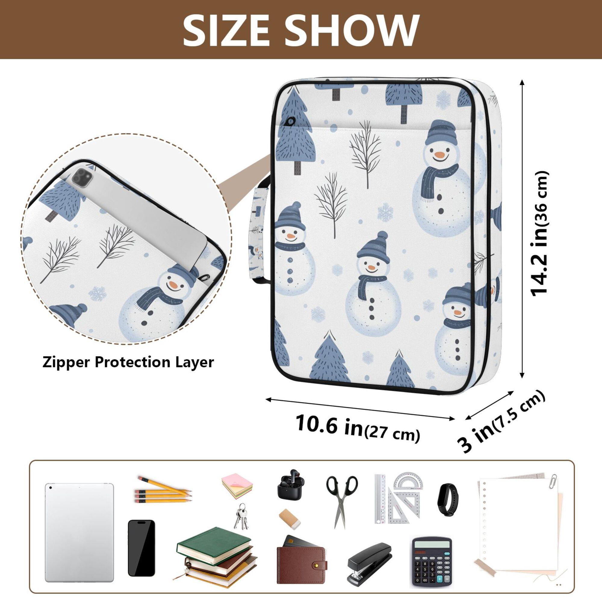 FORMRS Accordion File Folder A4 Size 7-Pocket Expanding Document Organizer Bag with 3 Ring Binder, Cartoon Snowmen
