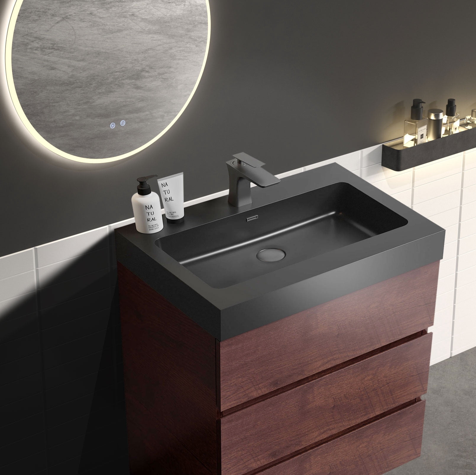 CITTANEO 24 Inch Bathroom Vanity with Black Sink, Modern Bathroom Cabine in Walnut