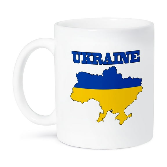 3dRose, The flag of the Ukraine in the outline map of the country and name, Ukraine., 15oz Mug