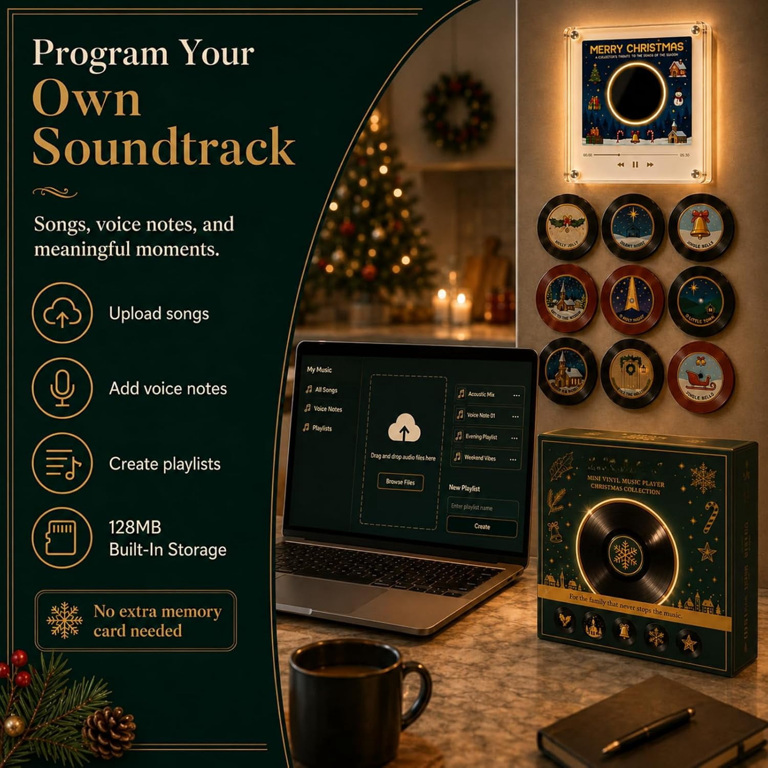 Christmas Fridge Magnet Music Player Set With 9 Vinyl‑Style Discs, NFC Playable Magnetic Music Box, Novelty Home Kitchen Christmas Decor & Holiday Gift