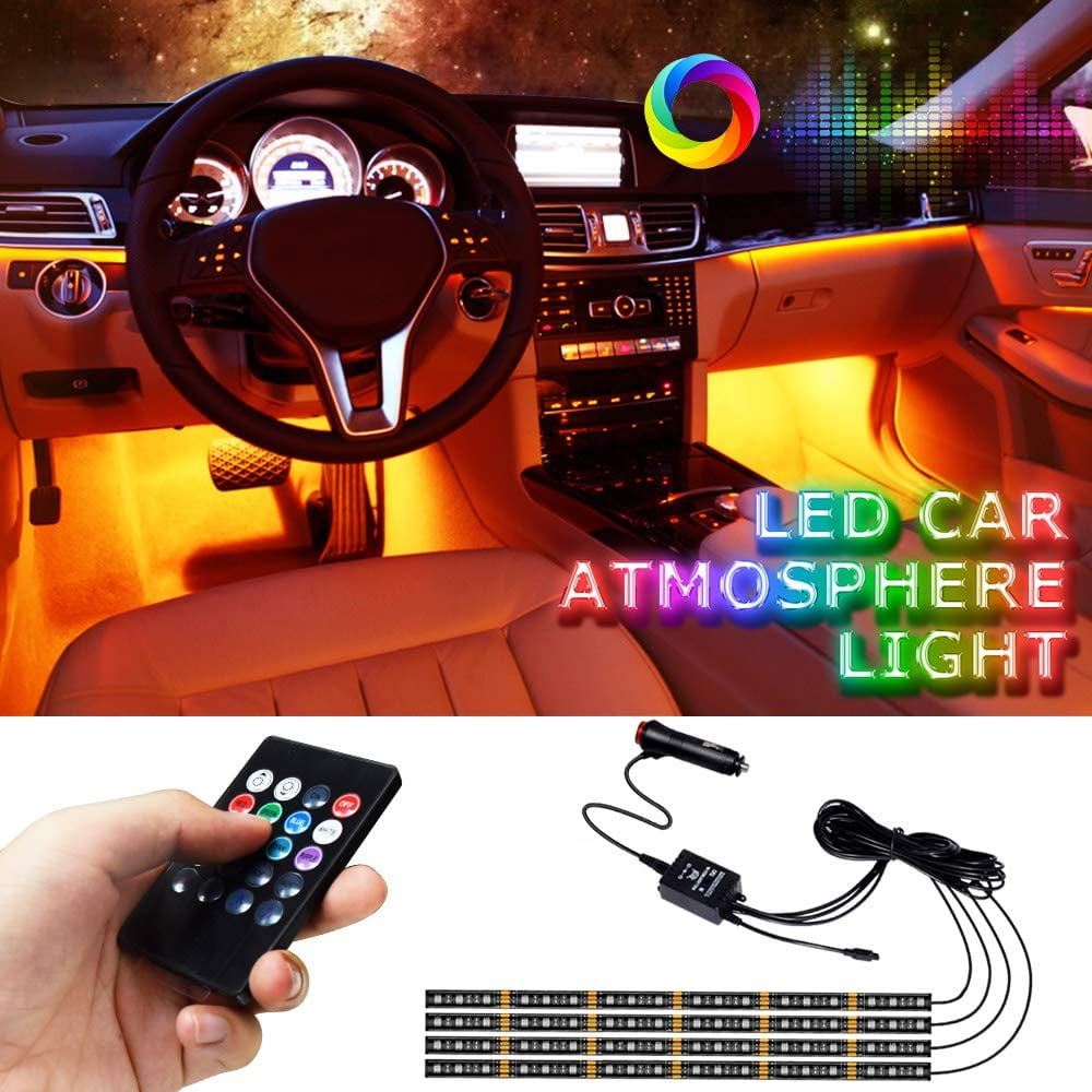 Car Charger Included Interior Car Lights 4pcs 48 LED DC 12V Multicolor Music RGB Car Led Strip Lights Under Dash Atmosphere Lighting Kit with Sound Active Function and Remote Control 
