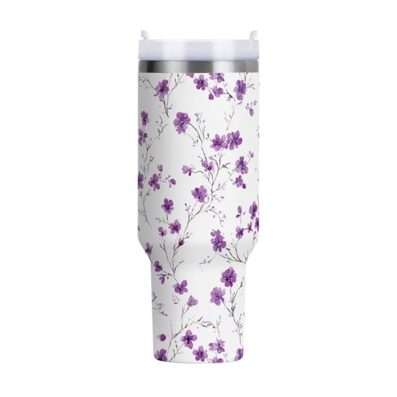 40 oz Tumbler With Handle Stainless Steel Insulated Tumbler With Lid for Car Cup Holder Purple Wildflower Pattern