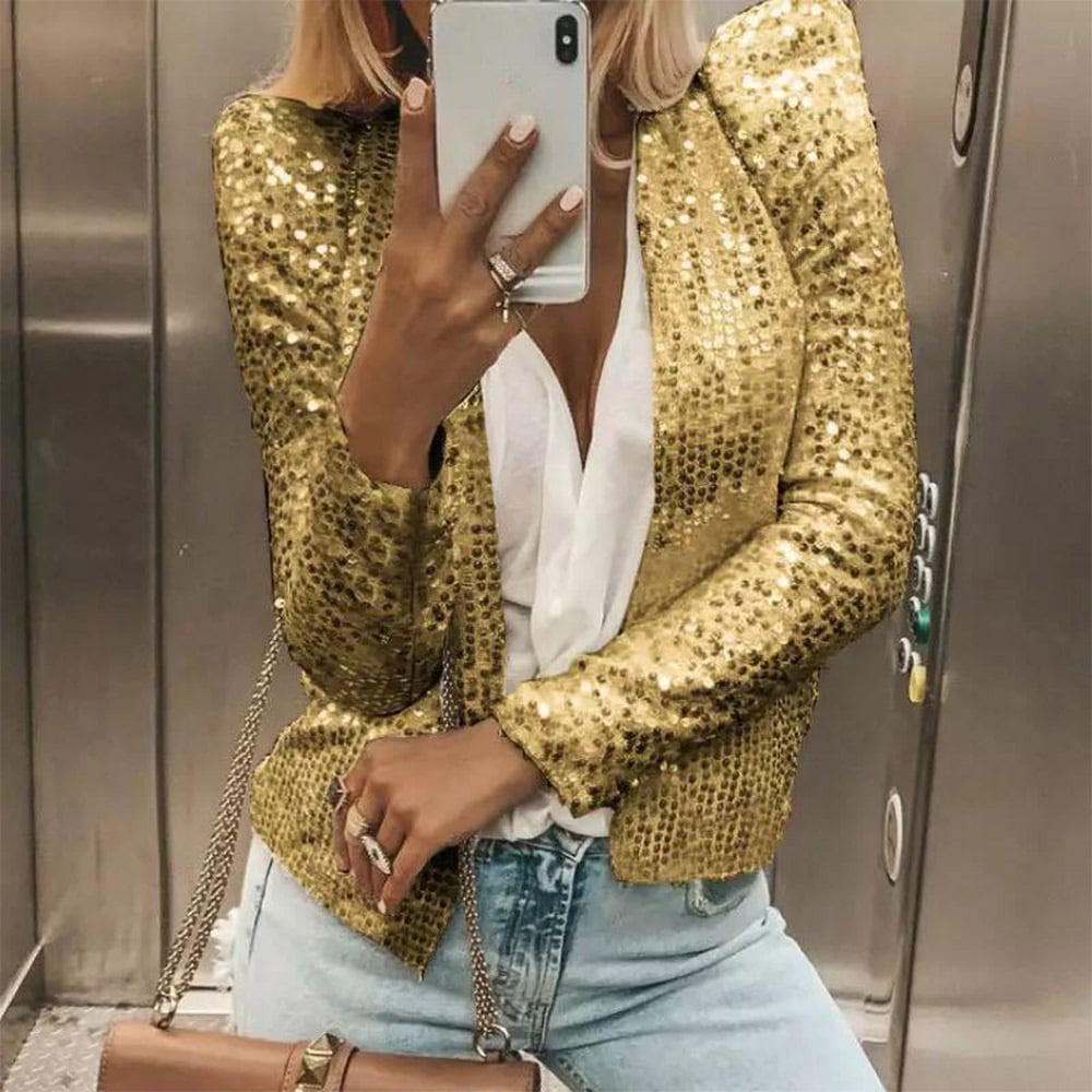 Casual Female Jacket Coat Short Coats Cardigan Glitter Womens Shiny Party  Tops Cardigan 3XL Gold 