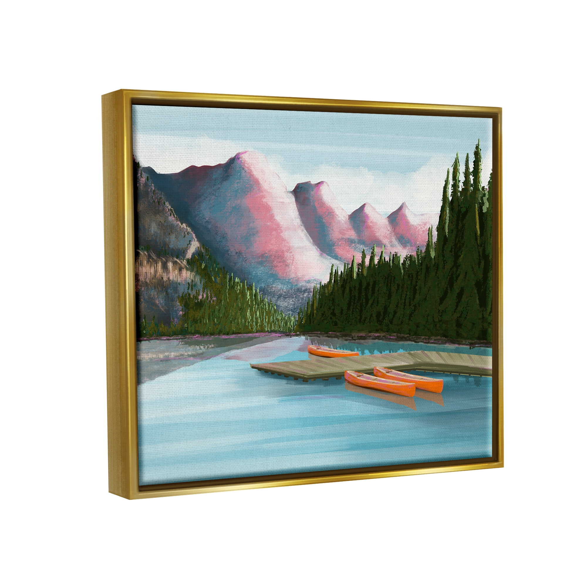 Stupell Calming Lake Camp Nature Canoes Landscape Painting Gold Floater Framed Art Print Wall Art