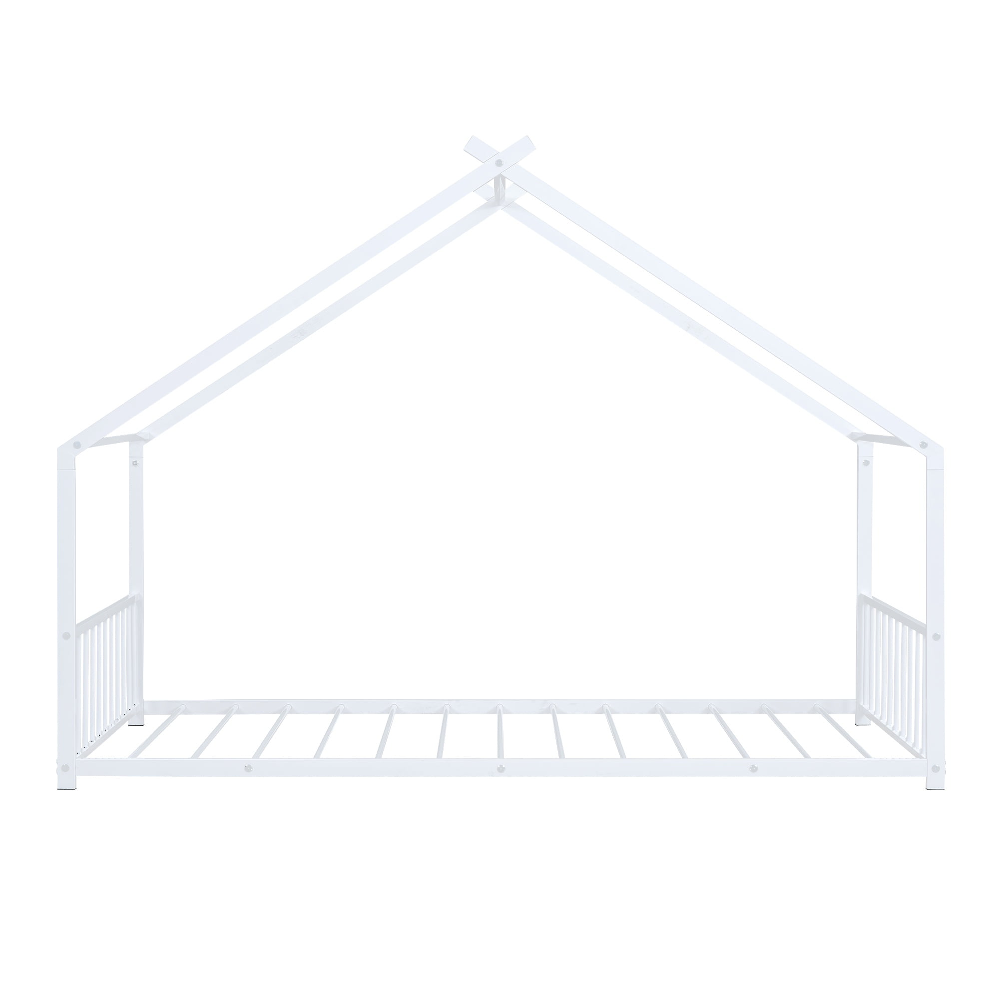 PORKISS Twin Size Floor Bed Frame, Metal House Bed Featuring Roof, Modern Platform Bed with Metal Frame, No Box Spring Needed, Freestanding Montessori Bed for Kids, White