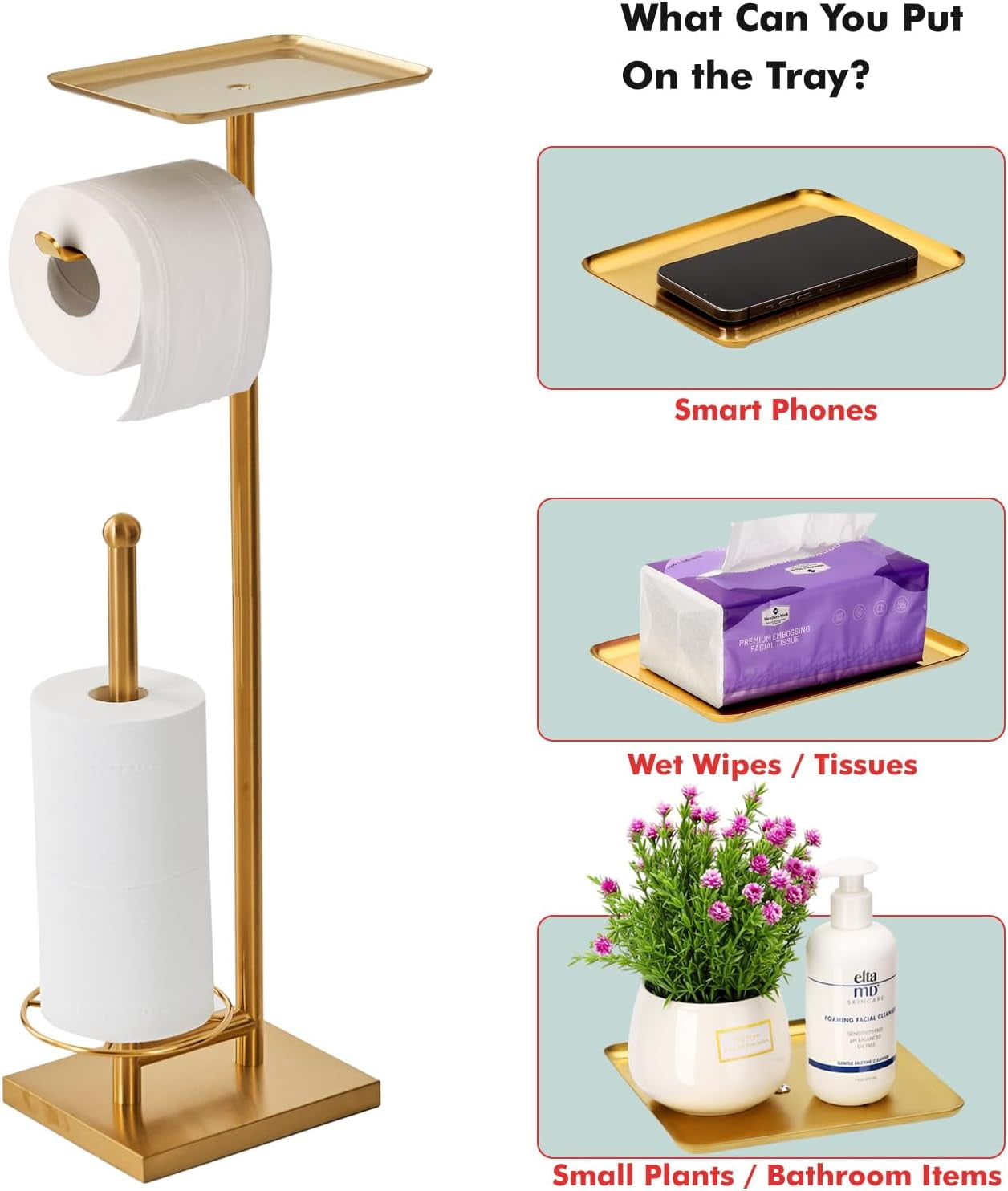 Toilet Paper Holder with Tray at The Top, Heavy-Weighted Base No Wobbly, Freestanding Toilet Paper Rolls Stand, Hold Extra 3 Paper Rolls On The Base (Gold)