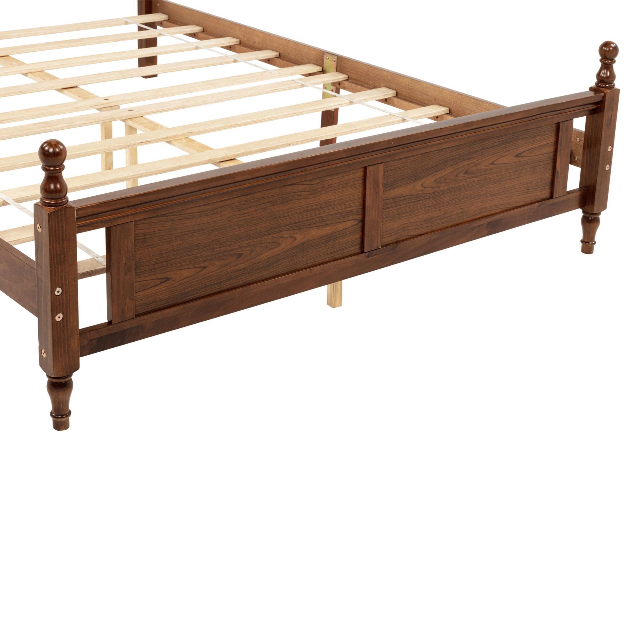 Noble House Japal Queen Bed with Upholstered Headboard, Pine Wood Frame with Central Support, Walnut