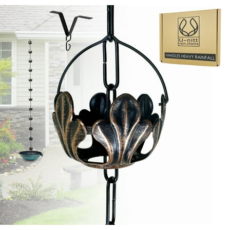 U-nitt Rain Chains, Roof Gutter Downspout Channel, Rainwater Catcher/Diverter, 8.5 FT, Metal, Powder Coated, Antique Rustic Flow, 8201AN