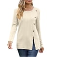 thumbnail image 1 of Yuyuzo Hauts de Mo pour Femmes Col Rond Bouton Manches Longues Tops Irréguliers Fendus Chemises d'Automne, 1 of 4