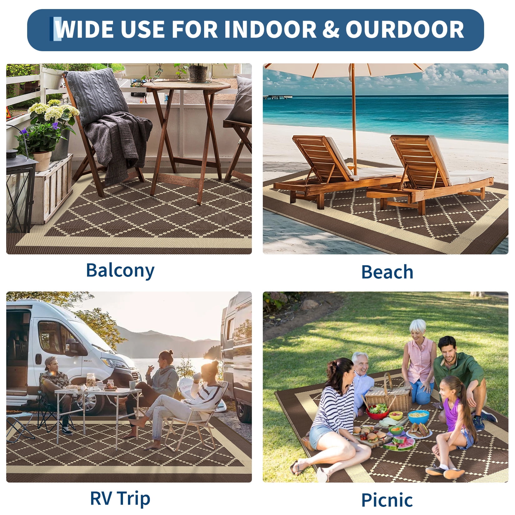 Garvee Outdoor Rug 9'x12' Waterproof Rug for Patios, Reversible Plastic Straw Rug Camping Carpet Mats for RV, Picnic, Backyard, Balcony, Porch, Beach, Brown