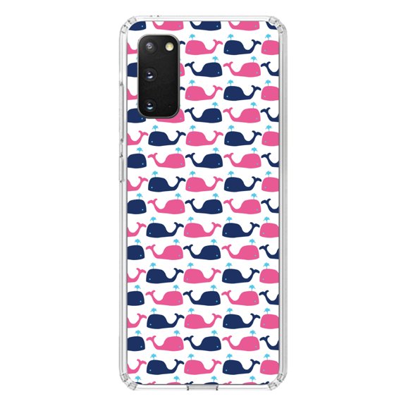 DistinctInk Clear Shockproof Hybrid Case for Galaxy S20 ULTRA / 5G (6.9" Screen) - TPU Bumper, Acrylic Back, Tempered Glass Screen Protector - Pink Navy Cartoon Whales - Cartoon Whales
