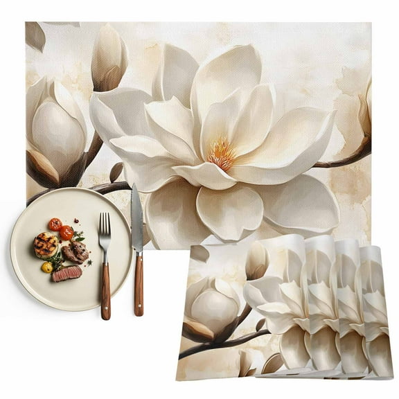 White Vintage Magnolia Flowers Placemats Set of 12, Rustic Floral Botanical Table Mats Washable Heat-Resistant Non-Slip Place Mats for Kitchen Dinner Table Indoor Outdoor Decor,13x19 Inch