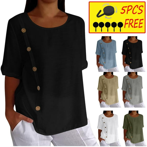 Ndbuld Basic T Shirts for Women UPF 50 Short Sleeve Casual Summer Tops Women's Solid Cotton and Linen Button Design Half Sleeve Casual Shirt,Black,M