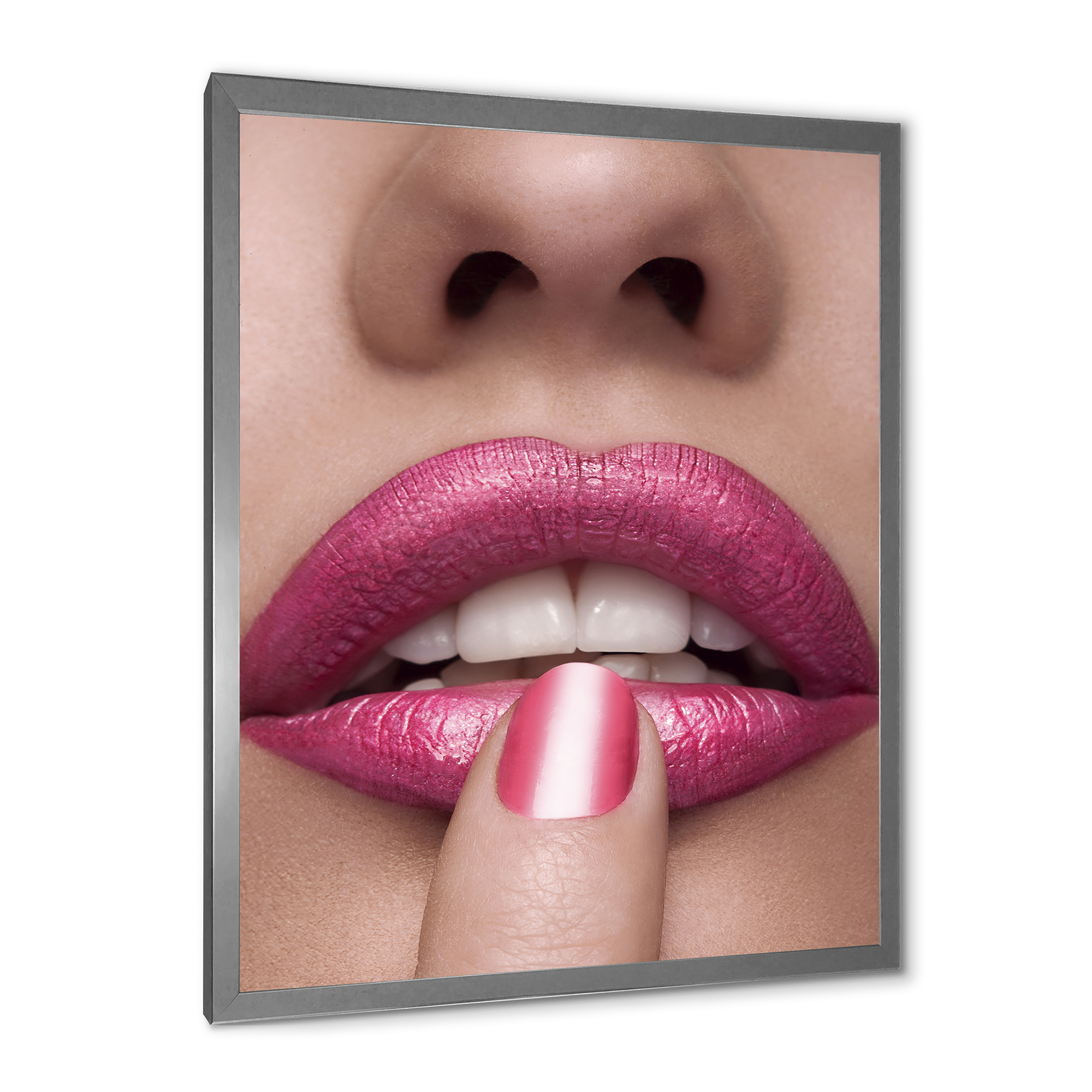 Designart 'Pink Female Lips With Finger On Mouth' Modern Framed Art Print