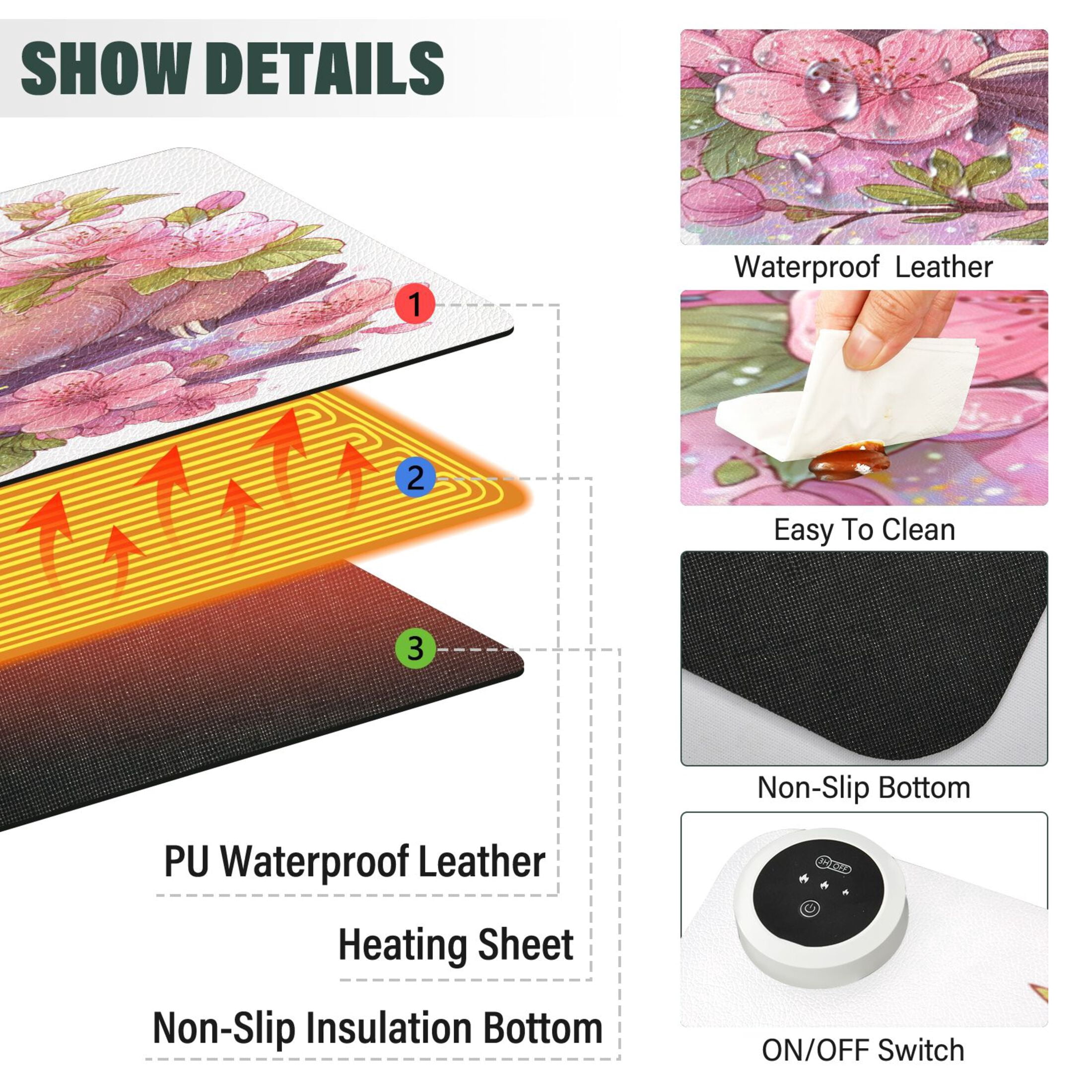 Large Heated Desk Mat Mouse Pad 31.5"x13"PU Leather Graphene Heating Desk Warmer with 3 Temperature Settings 110V US Plug Non-Slip Warm Pad for Home, Office, and Gaming Sloth in Cherry Blossoms