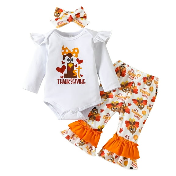 Younger Tree Baby Girl Thanksgiving Clothes Outfits Turkey Print Long Sleeve Romper Pants Headband 3pcs Set,0-3M