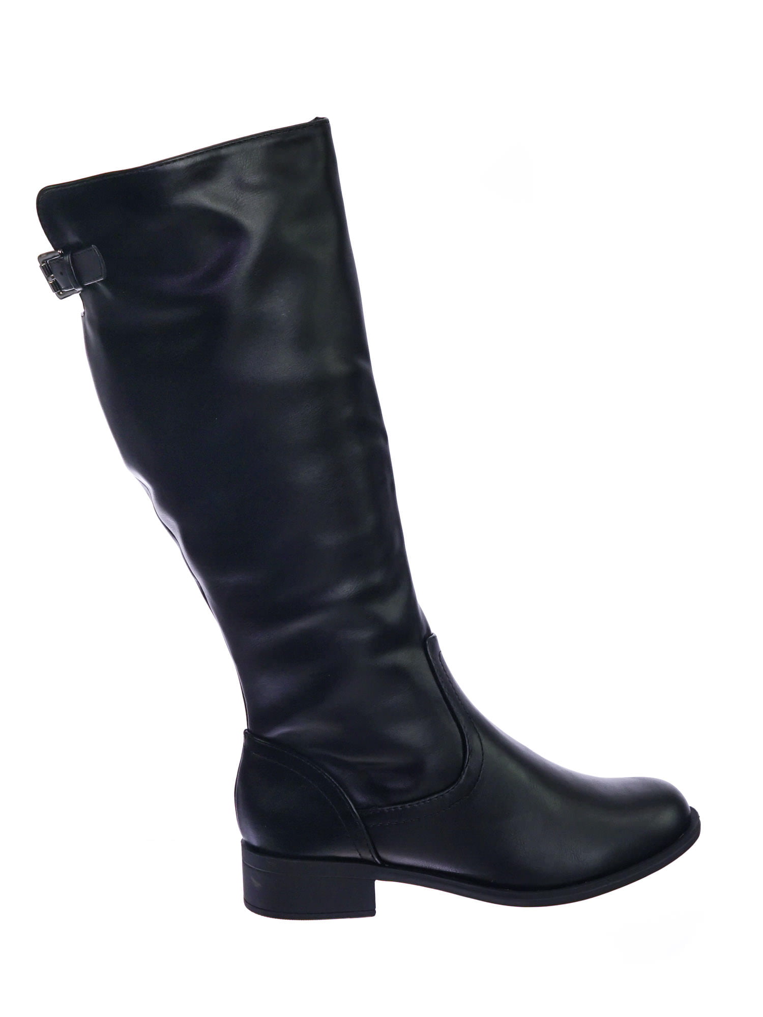 COURT Womens Black Faux Leather Buckle Zip Low Block Heel Knee High Riding Boots 