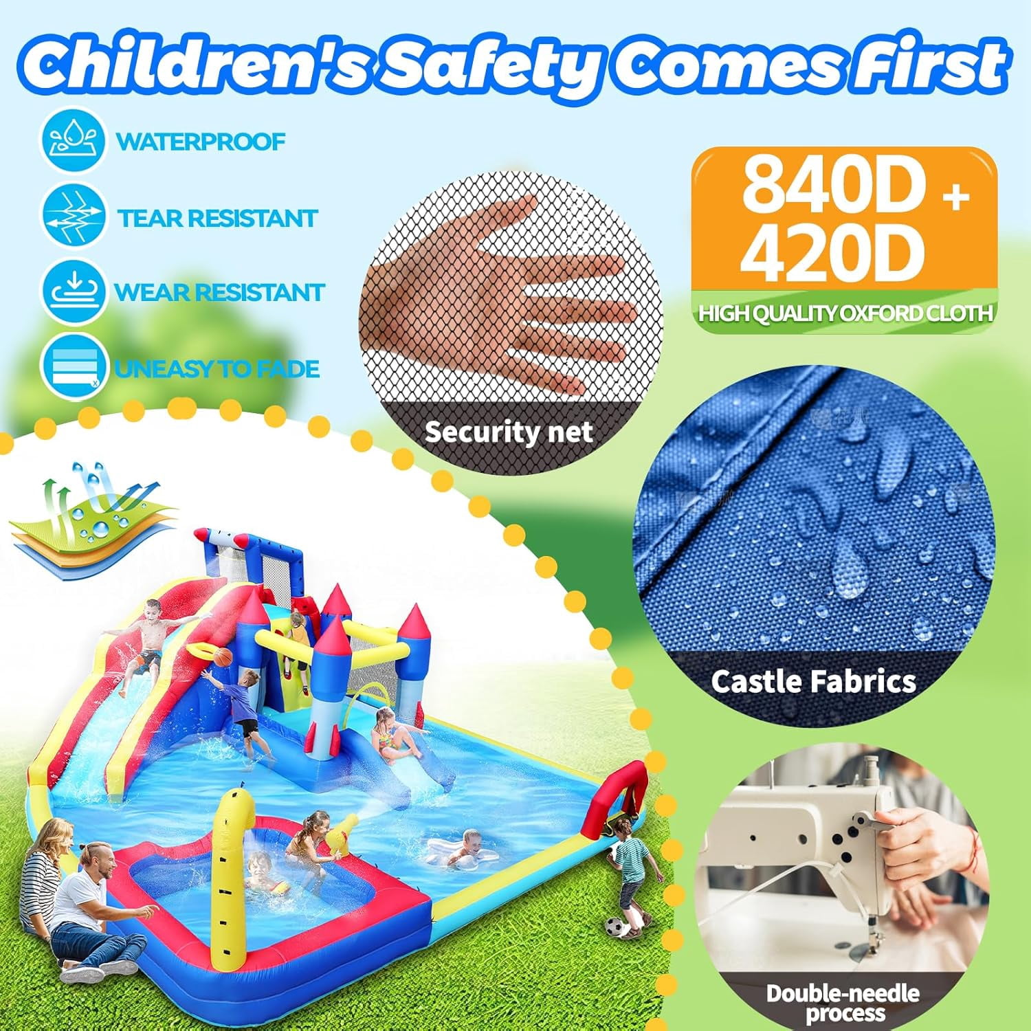 ZOGYMOZ Double Slides Water Park, Inflatable Water Slide Bounce House with Blower, Pool & Basketball & Football Games for Kids Backyard, 227*205*97 inch