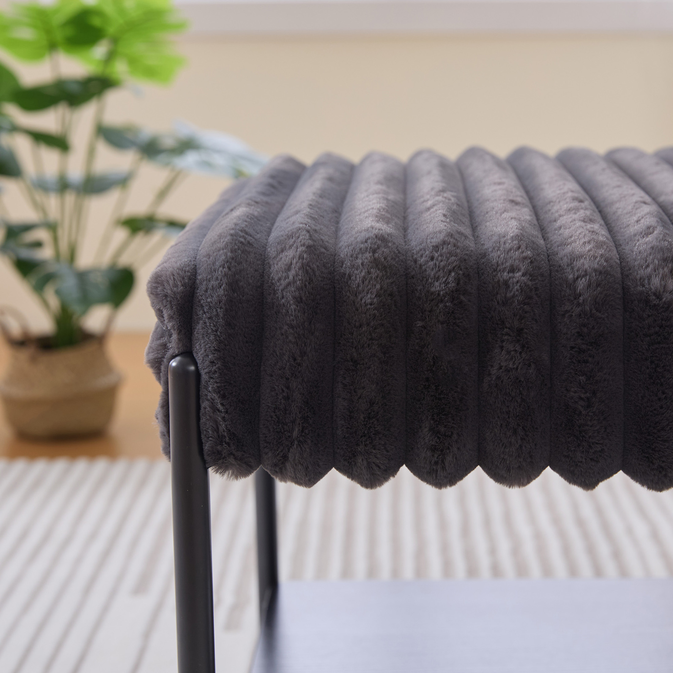 Noble House Belden 30.7" Faux Fur Ottoman Coffee Table, Foot Rest with Black Metal Legs & Open Storage Shelf, Charcoal