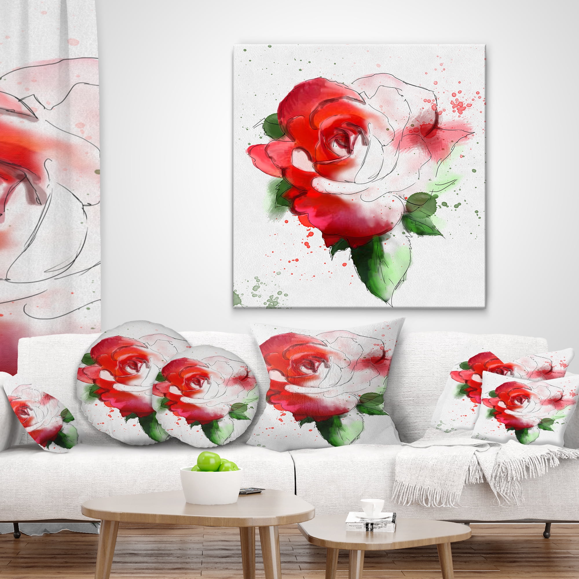 Designart Red Hand drawn Rose Illustration - Floral Throw Pillow - 16x16