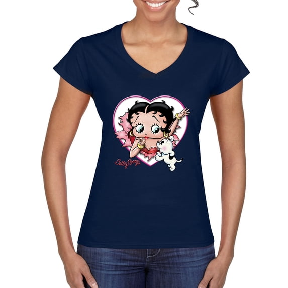 Wild Bobby Betty Boop Heart Blowing Kiss Dog Betty Boop Women’s Standard V-Neck Tee, Navy, XX-Large