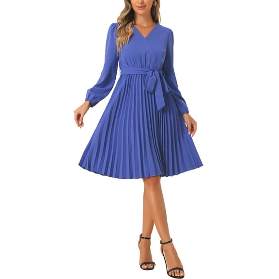 INSPIRE CHIC Women's V Neck Long Sleeve Flowy a Line Tie Waist Pleated Casual Dresses