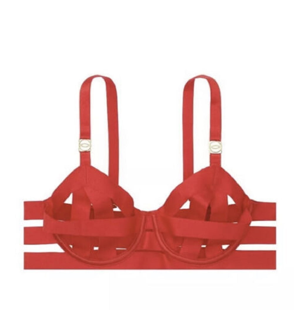Victoria's Secret Luxe Unlined Balconet Strappy Banded Caged Bra Red Size  36D NWT 